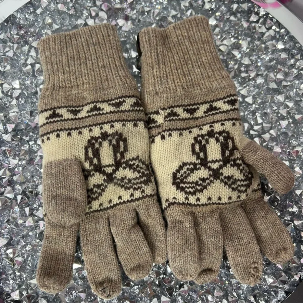 TNA Aritzia gloves mittens fingers logo cream brown knitted wool soft cozy warm